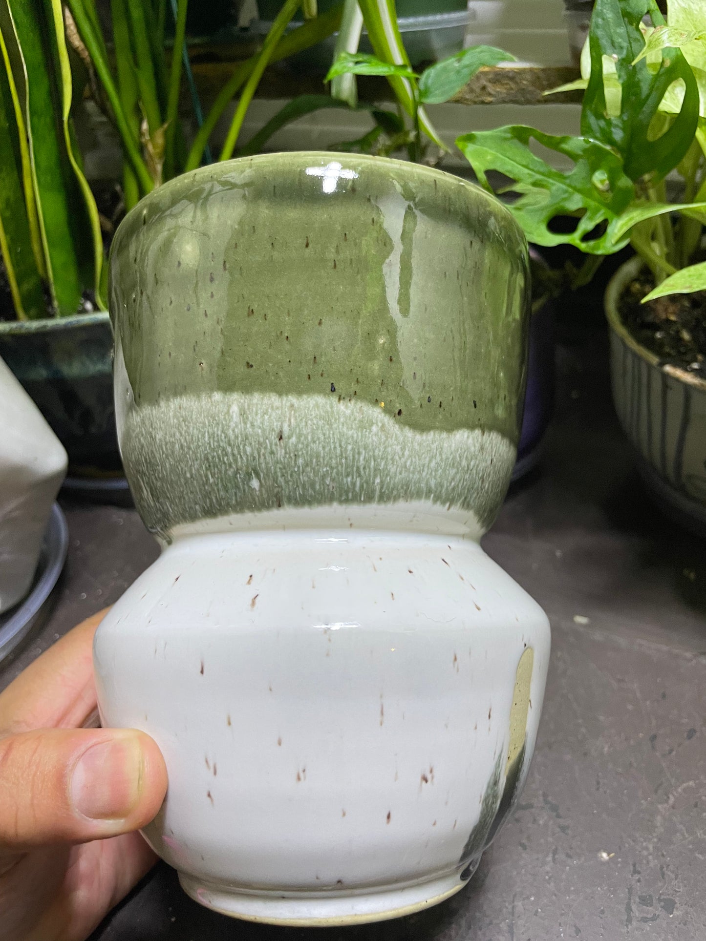 Two Toned Speckled Vase Green and Shiny White