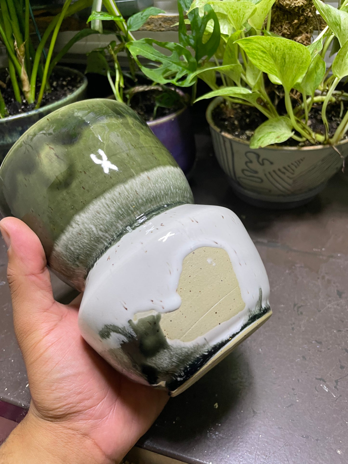 Two Toned Speckled Vase Green and Shiny White