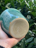 speckled blue urn shaped planter