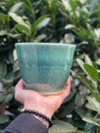 speckled blue urn shaped planter