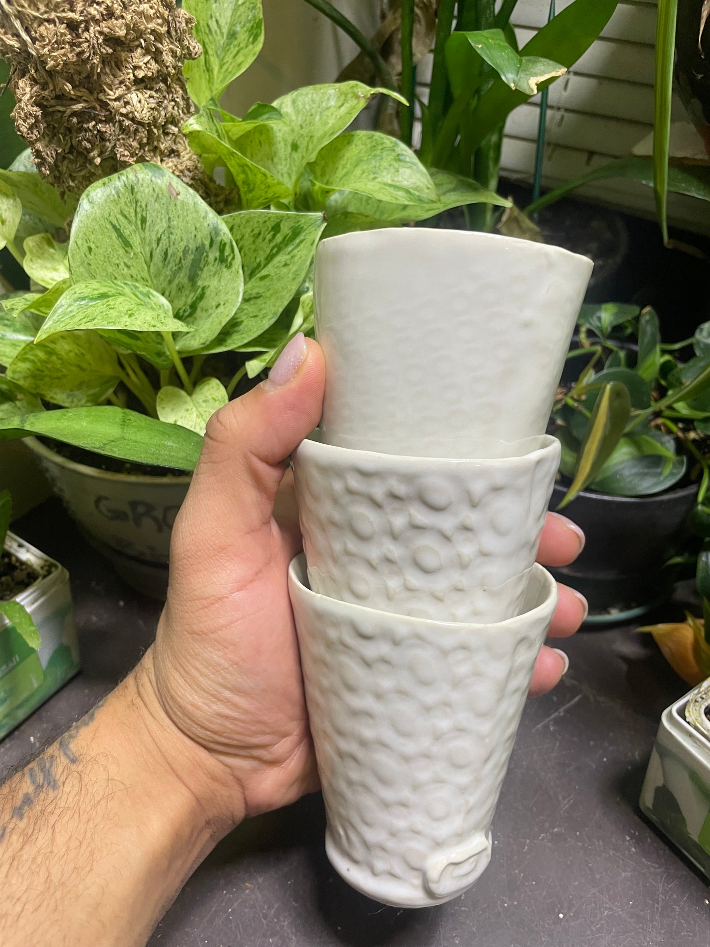 Shiny White Ceramic Cups Fabric Patterned